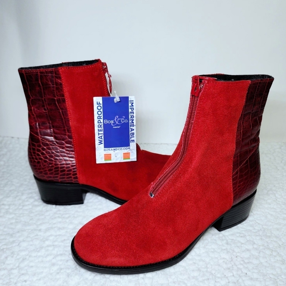 Bos. & Co. Women's Jordon Leather Suede Croco Print Block Heel Bootie - Picture 2 of 6